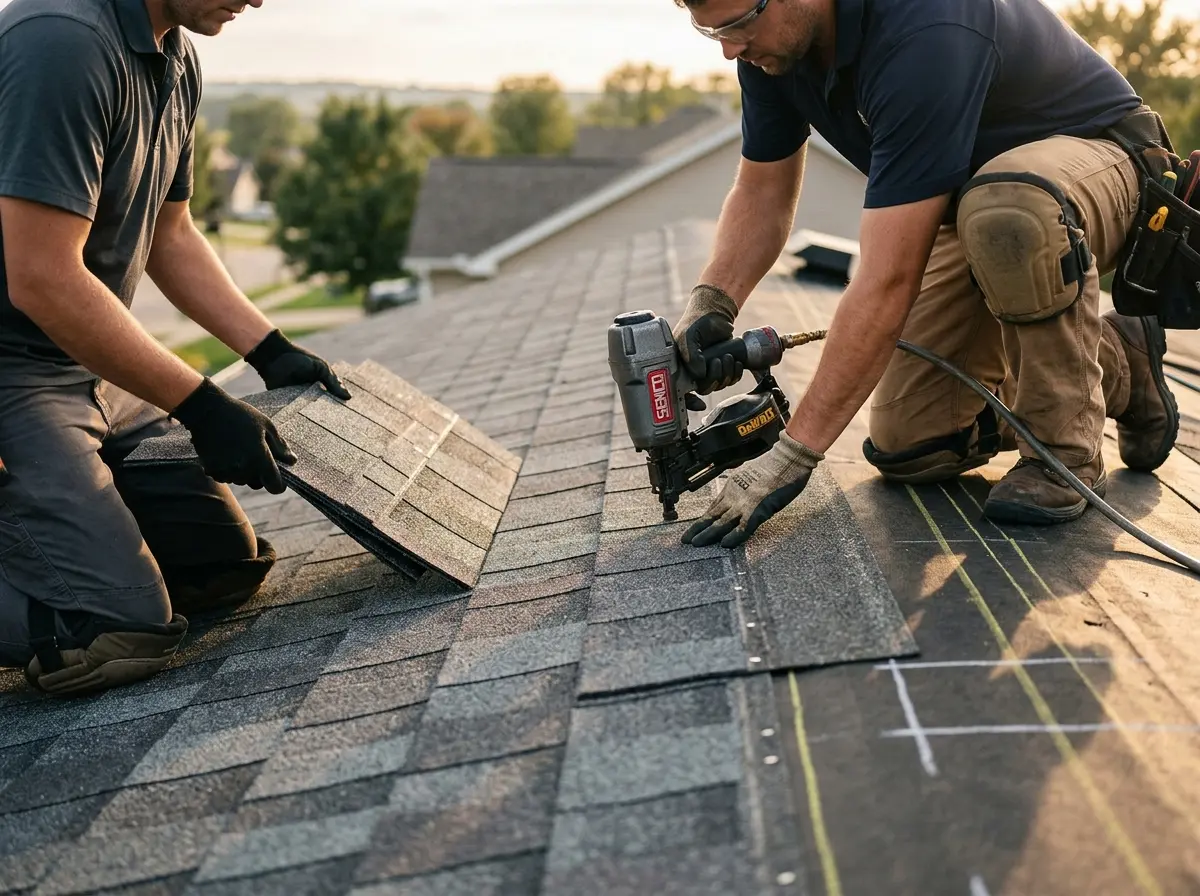 Professional roofer working on a residential roof in Strongsville